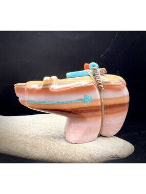 Signed ZUNI FETISH  Stone Carved Bear Turquoise Arrow Eyes NATIVE AMERICAN